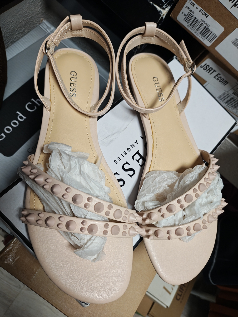 GUESS Blush Pink Studded Ankle-Strap Sandals